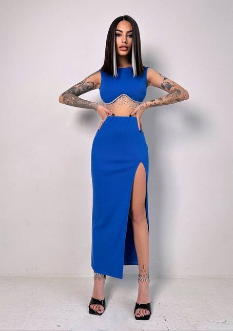 Комплект: топ з бахромою зі страз та спідниця з розрізом  | PUSHKA SHOP