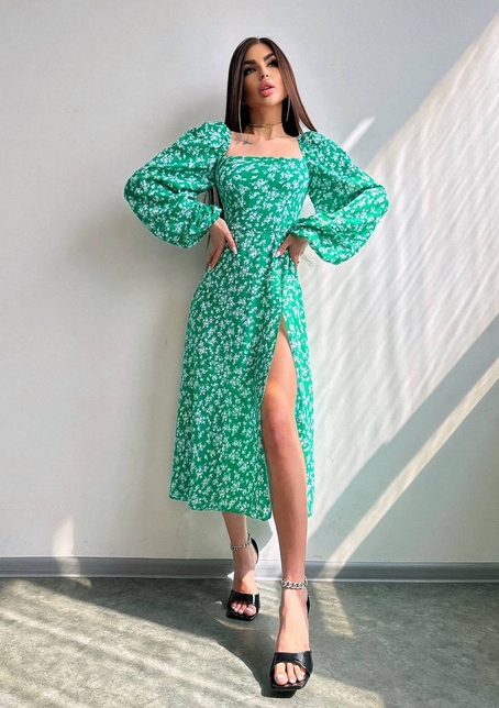 Квіткова сукня-міді зі шнурівкою на спинці та розрізом на ніжці | PUSHKA SHOP
