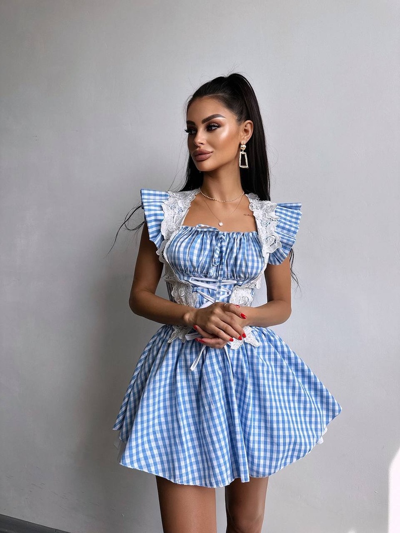 Сукня в клітинку декорована мереживом  Сукня в клітинку декорована мереживом  | PUSHKA SHOP