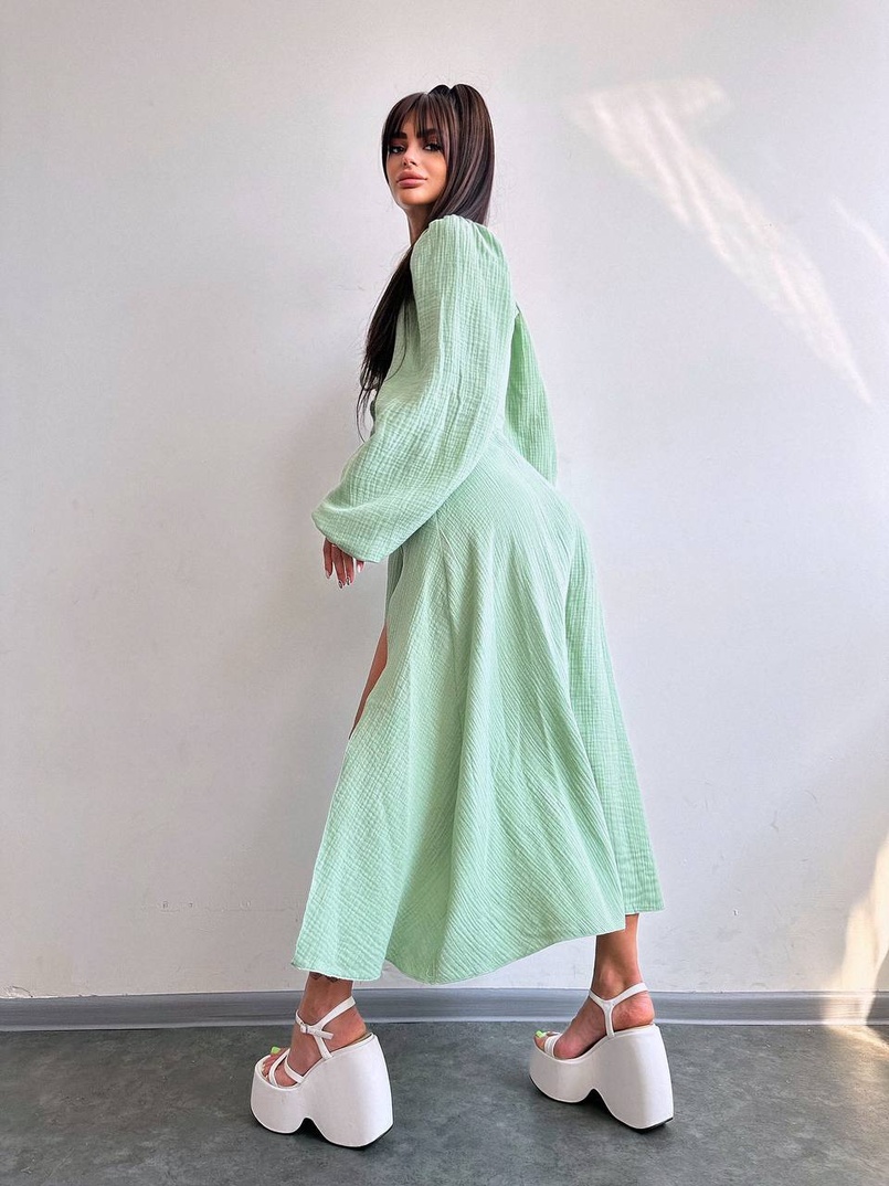 Муслінова сукня -міді з розрізом на ніжці  | PUSHKA SHOP