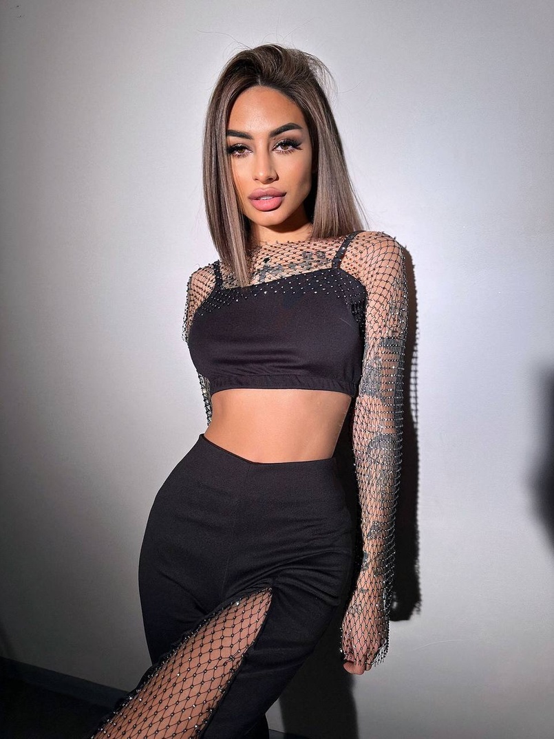 Комплект: топ + штани із сіткою зі стразами  Комплект: топ + штани із сіткою зі стразами  | PUSHKA SHOP
