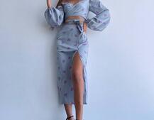 Квітковий комплект: топ із зав'язками на талії + спідниця міді з розрізом | PUSHKA SHOP