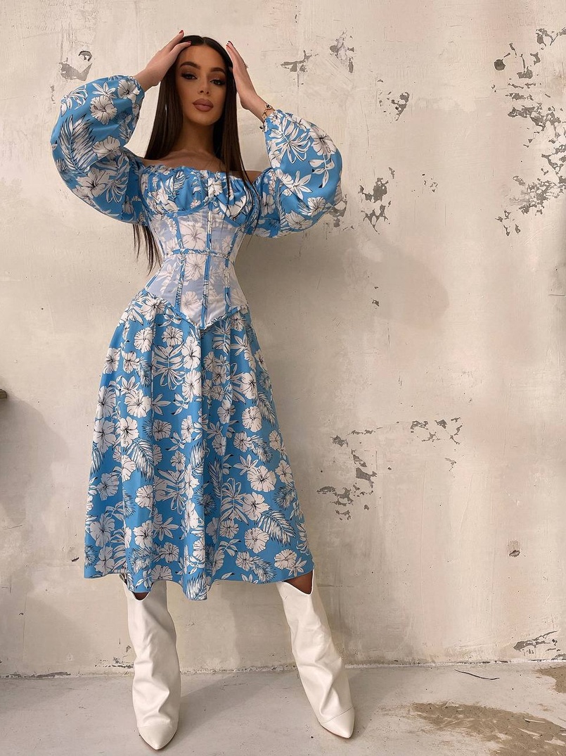 Сукня міді з розрізом в квітковий принт + прозорий корсет  Сукня міді з розрізом в квітковий принт + прозорий корсет  | PUSHKA SHOP