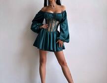 Атласна сукня з обʼємними рукавами та мереживом | PUSHKA SHOP