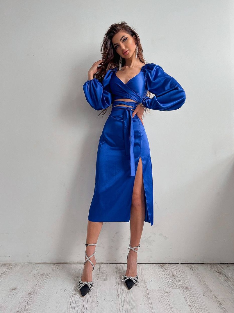 Шелковый комплект: топ с завязками на талии + юбка миди с разрезом  | PUSHKA SHOP