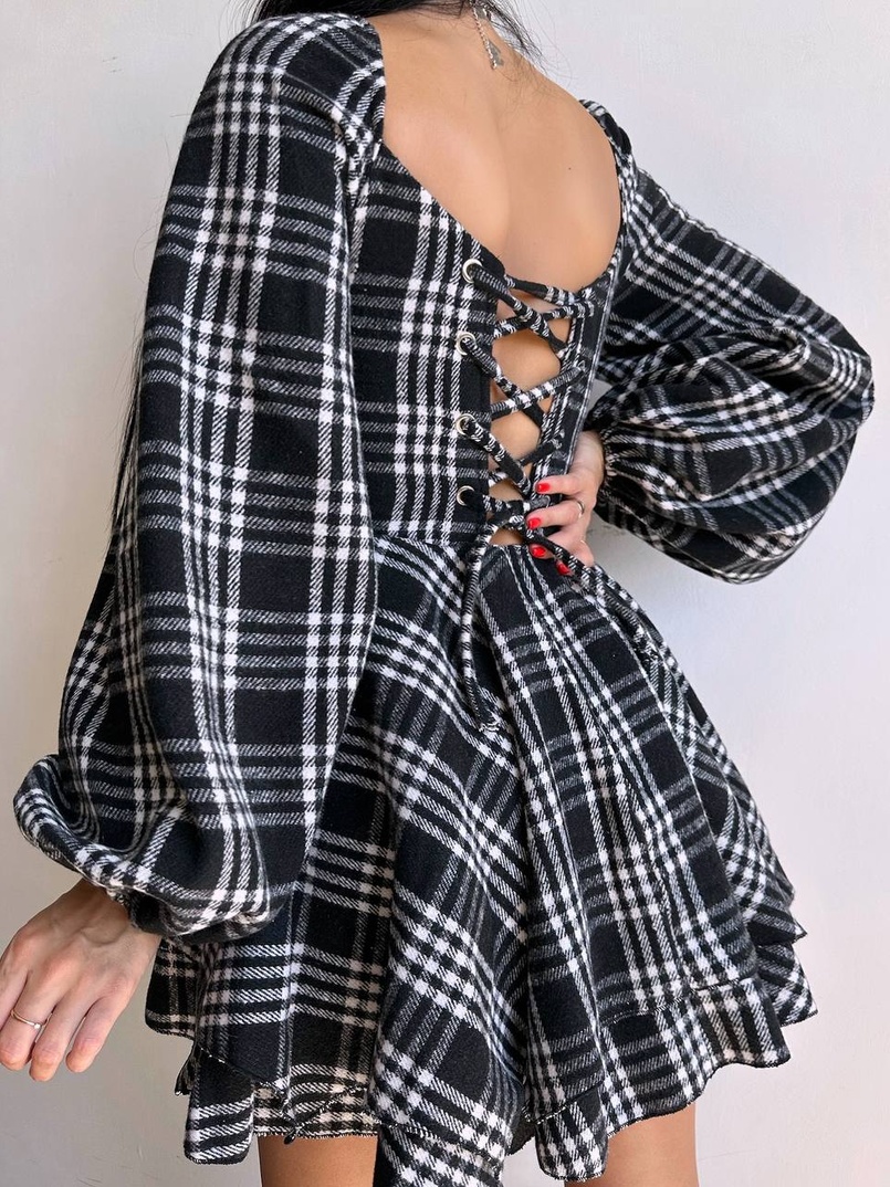 Корсетна сукня з подвійною спідницею та обʼємними рукавами у клітинку  Корсетна сукня з подвійною спідницею та обʼємними рукавами у клітинку  | PUSHKA SHOP