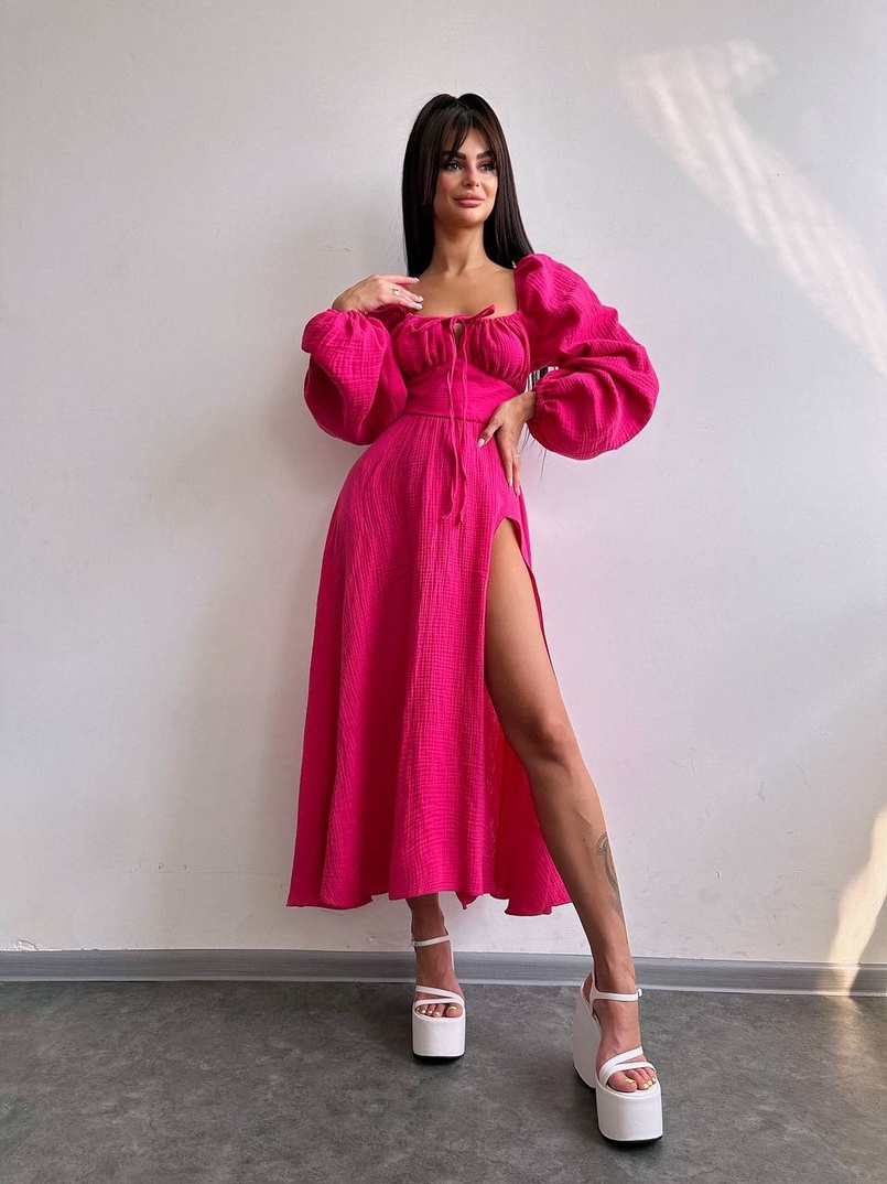 Муслінова сукня -міді з розрізом на ніжці  | PUSHKA SHOP