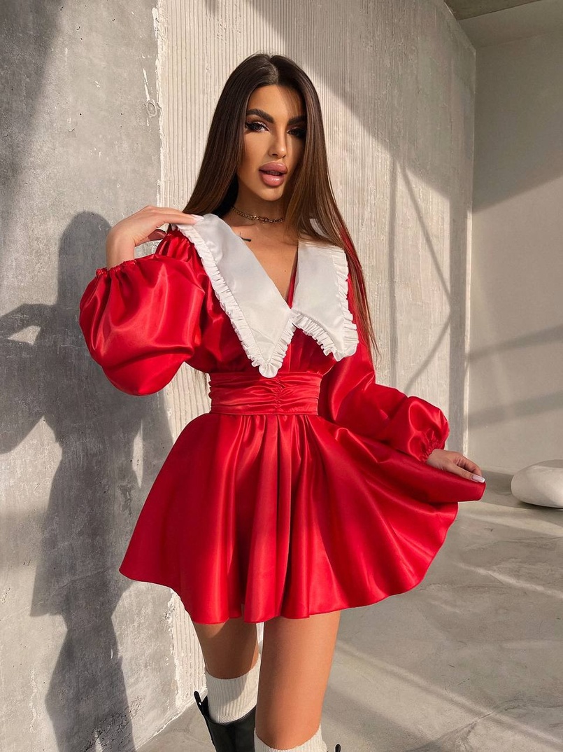 Сукня з коміром та об'ємними рукавами з широким поясом | PUSHKA SHOP