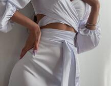 Шелковый комплект: топ с завязками на талии + юбка миди с разрезом  Шелковый комплект: топ с завязками на талии + юбка миди с разрезом  | PUSHKA SHOP