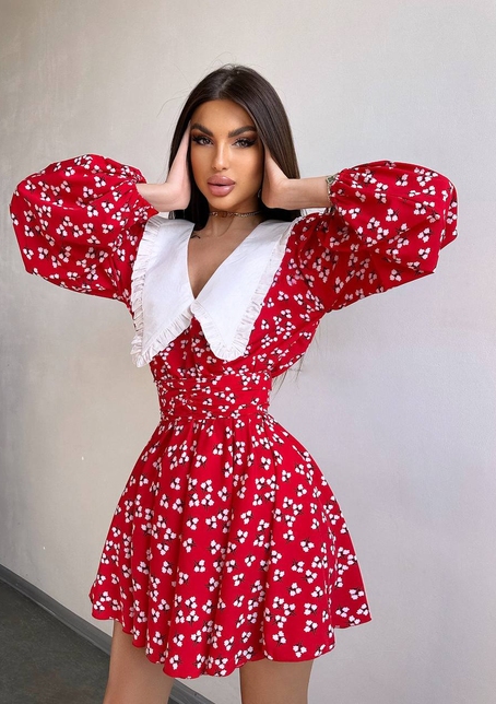 Сукня з коміром та об'ємними рукавами з широким поясом | PUSHKA SHOP