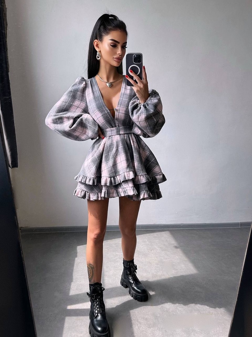 Сукня з подвійною спідницею та обʼємними рукавами у клітинку  Сукня з подвійною спідницею та обʼємними рукавами у клітинку  | PUSHKA SHOP