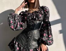 Комплект: сукня з квітковим принтом + корсет з еко-шкіри   | PUSHKA SHOP