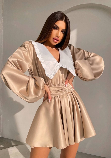 Сукня з коміром та об'ємними рукавами з широким поясом | PUSHKA SHOP