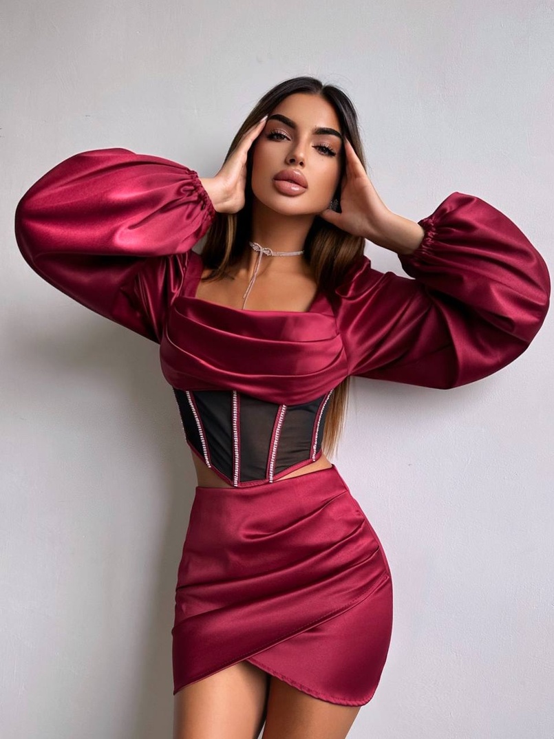 Комплект: корсет, декорований стразами   + спідниця міні з драпіруванням  Комплект: корсет, декорований стразами   + спідниця міні з драпіруванням  | PUSHKA SHOP