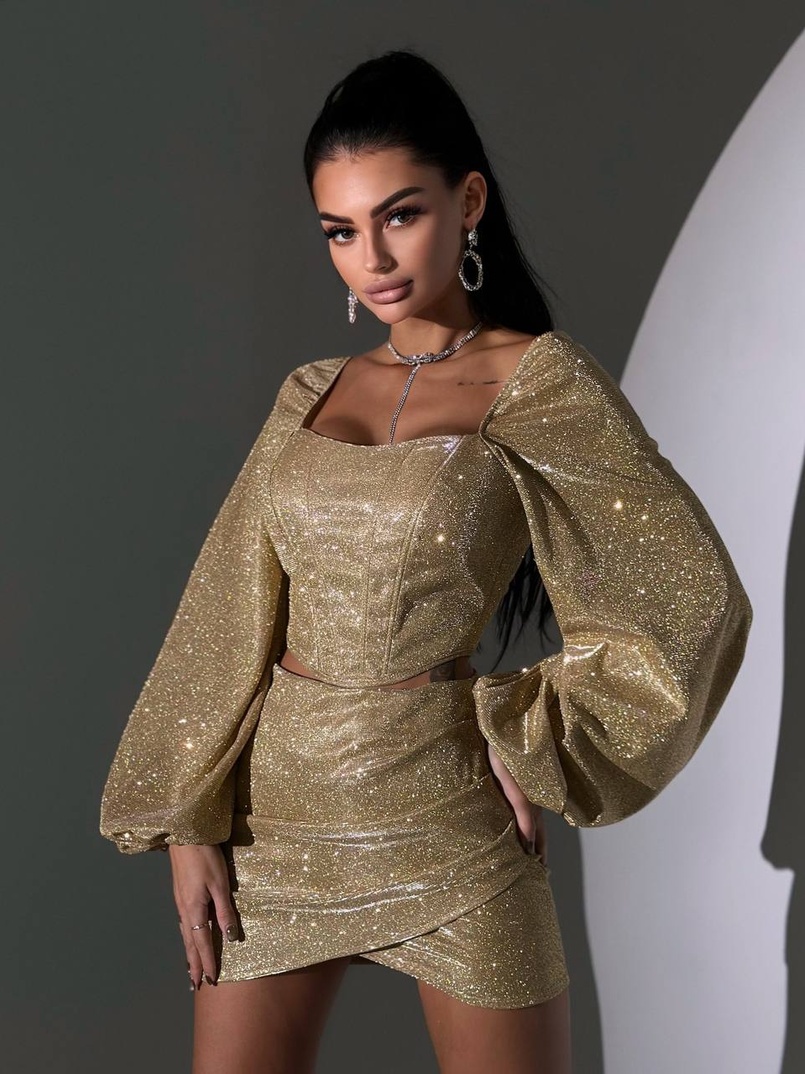 Сяючий комплект: корсет + спідниця міні з драпіруванням Сяючий комплект: корсет + спідниця міні з драпіруванням | PUSHKA SHOP