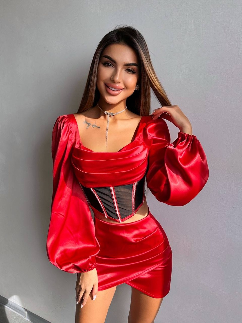 Комплект: корсет, декорований стразами   + спідниця міні з драпіруванням  Комплект: корсет, декорований стразами   + спідниця міні з драпіруванням  | PUSHKA SHOP