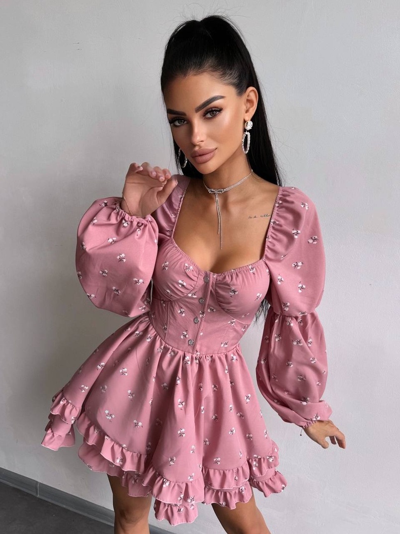 Сукня з квітковим принтом з воланами на ґудзиках  | PUSHKA SHOP