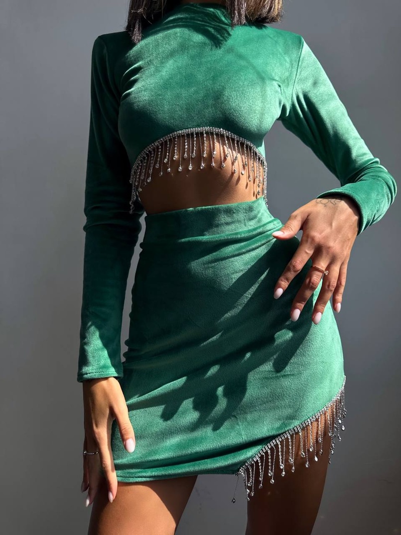 Оксамитовий комплект, декорований бахромою зі страз Оксамитовий комплект, декорований бахромою зі страз | PUSHKA SHOP