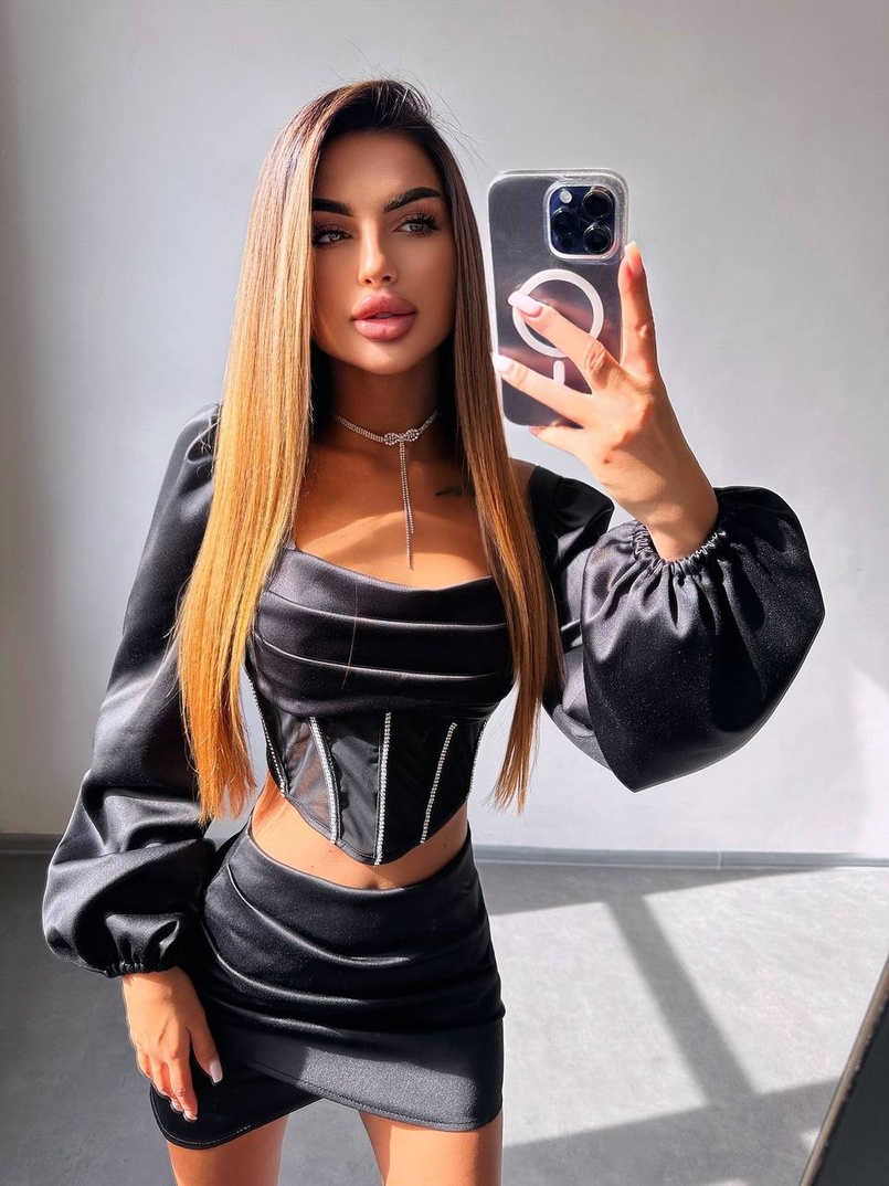 Комплект: корсет, декорований стразами   + спідниця міні з драпіруванням  Комплект: корсет, декорований стразами   + спідниця міні з драпіруванням  | PUSHKA SHOP