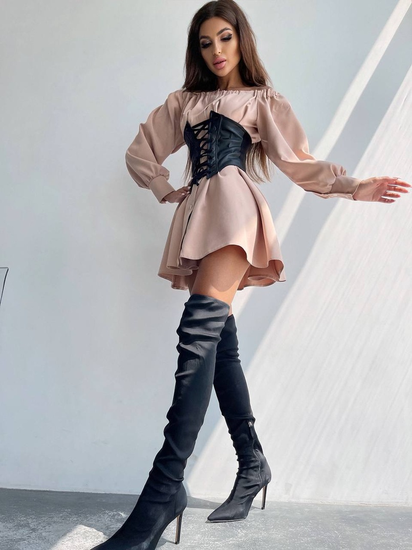 Приталена сукня-сорочка на плічках з корсетом з еко-шкіри | PUSHKA SHOP