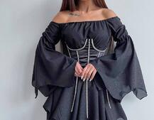 Шифонова сукня на підкладці з розкльошеними рукавами з асиметричною спідницею + корсет декорований стразами Ручна робота! Шифонова сукня на підкладці з розкльошеними рукавами з асиметричною спідницею + корсет декорований стразами Ручна робота! | PUSHKA SHOP