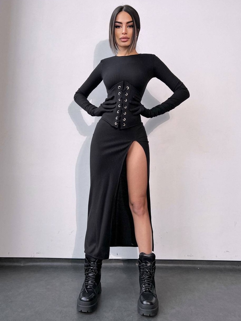 Комплект: трикотажне плаття- міді + корсет + рукавички Комплект: трикотажне плаття- міді + корсет + рукавички | PUSHKA SHOP