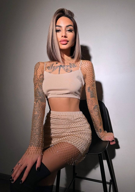 Комплект: топ + спідниця із сіткою зі стразами  | PUSHKA SHOP