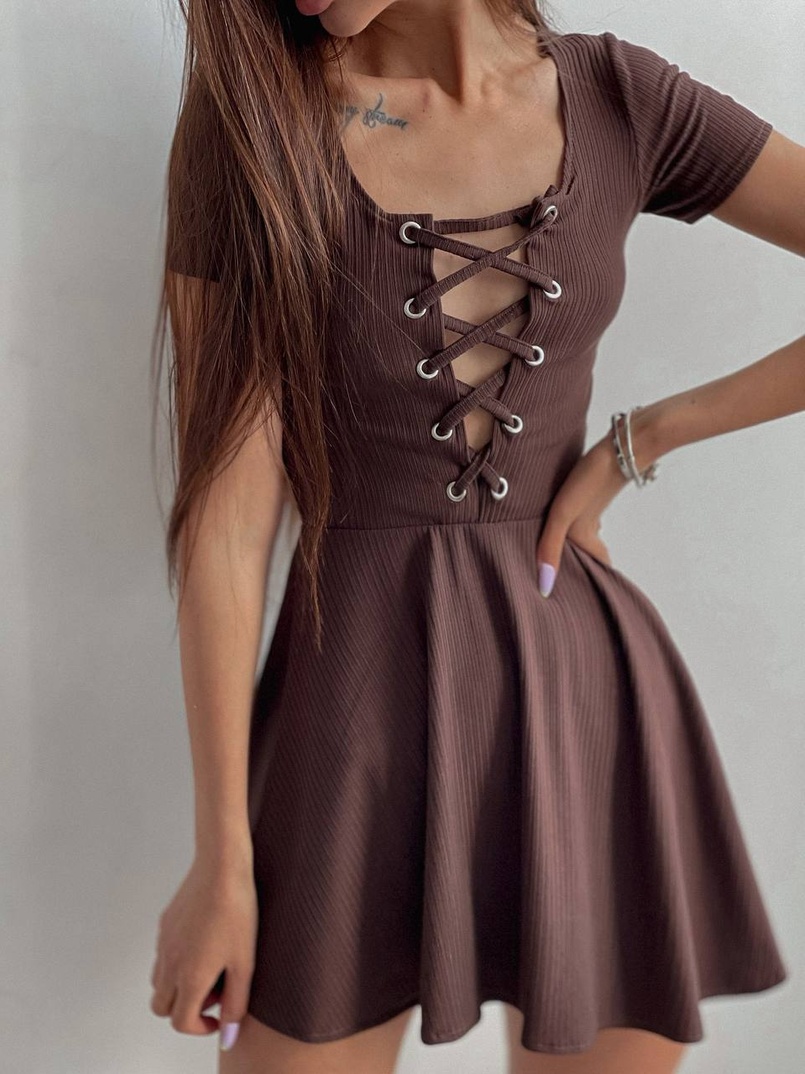 Трикотажное платье-мини со шнуровкой на груди  Трикотажное платье-мини со шнуровкой на груди  | PUSHKA SHOP