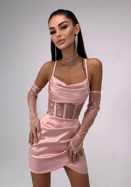 Комплект: корсет, декорований мереживом   + рукавички+ спідниця міні з драпіруванням   Комплект: корсет, декорований мереживом   + рукавички+ спідниця міні з драпіруванням   | PUSHKA SHOP