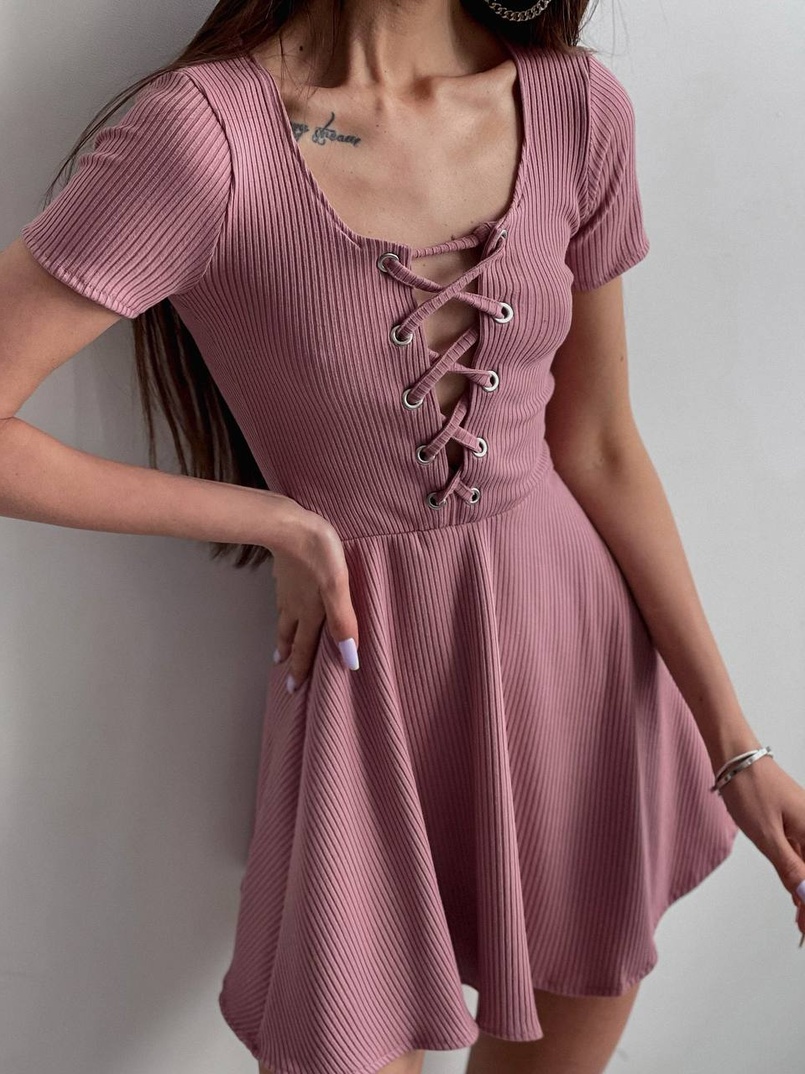 Трикотажное платье-мини со шнуровкой на груди  Трикотажное платье-мини со шнуровкой на груди  | PUSHKA SHOP