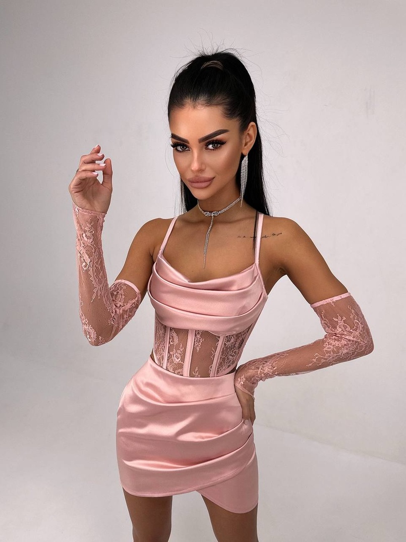 Комплект: корсет, декорований мереживом   + рукавички+ спідниця міні з драпіруванням   Комплект: корсет, декорований мереживом   + рукавички+ спідниця міні з драпіруванням   | PUSHKA SHOP