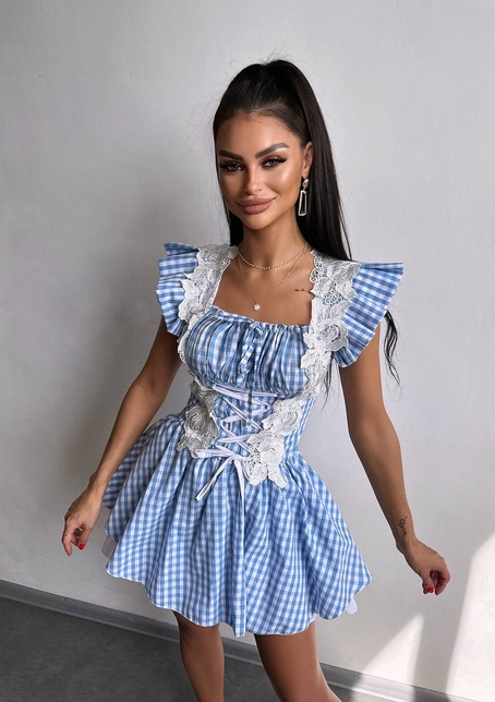 Сукня в клітинку декорована мереживом  | PUSHKA SHOP