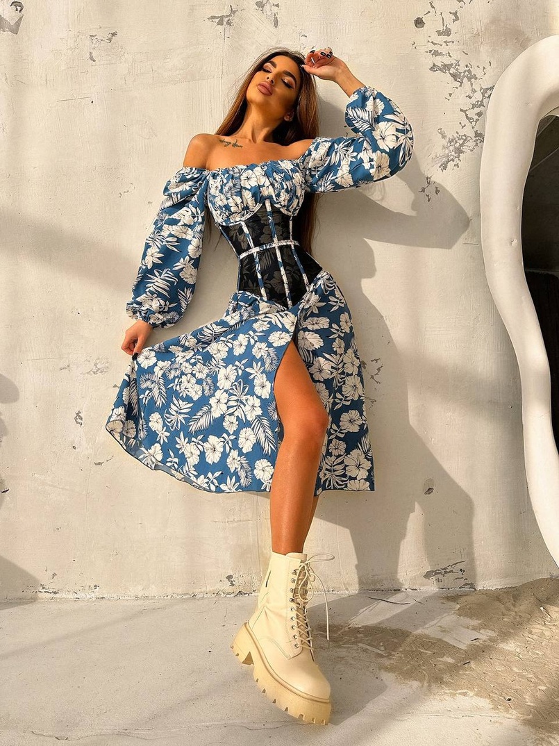 Сукня міді з розрізом в квітковий принт + прозорий корсет  Сукня міді з розрізом в квітковий принт + прозорий корсет  | PUSHKA SHOP