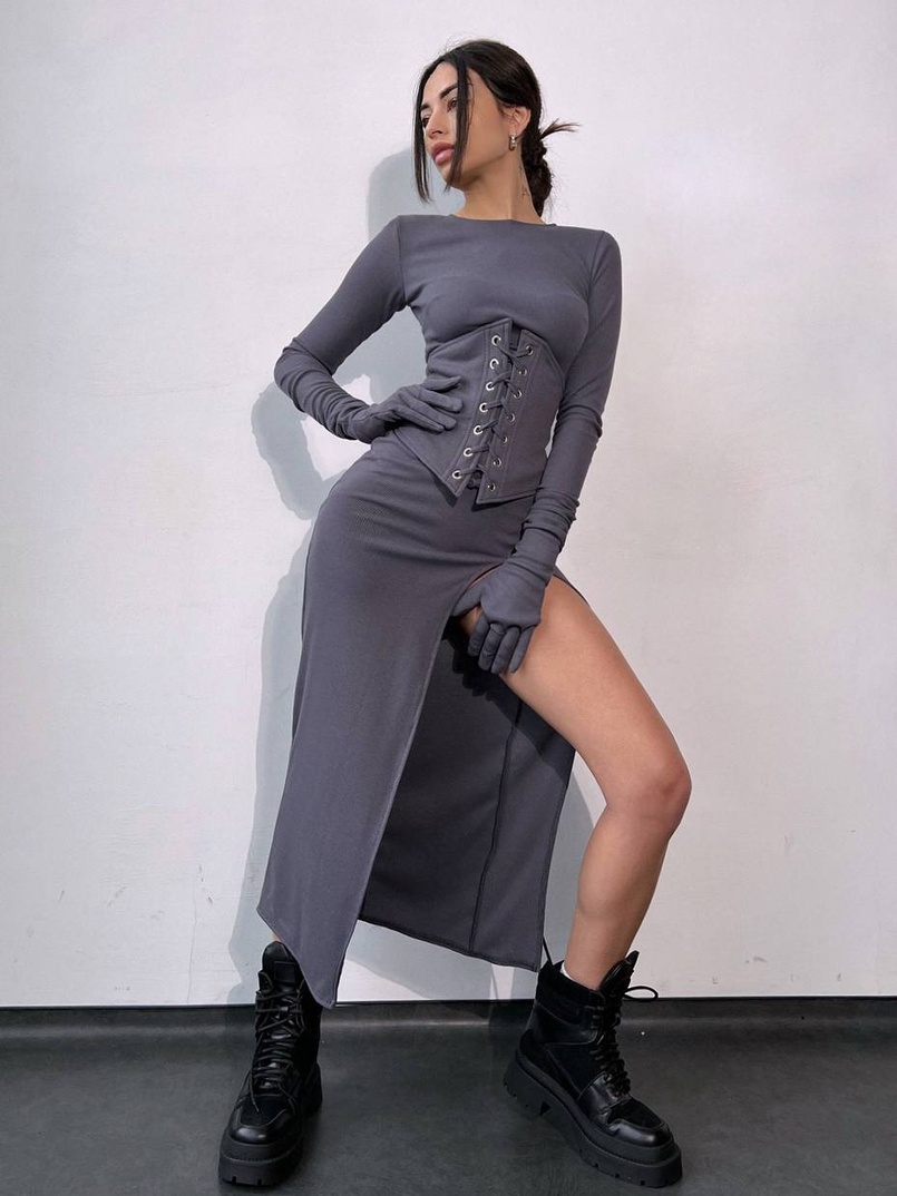 Комплект: трикотажне плаття- міді + корсет + рукавички Комплект: трикотажне плаття- міді + корсет + рукавички | PUSHKA SHOP