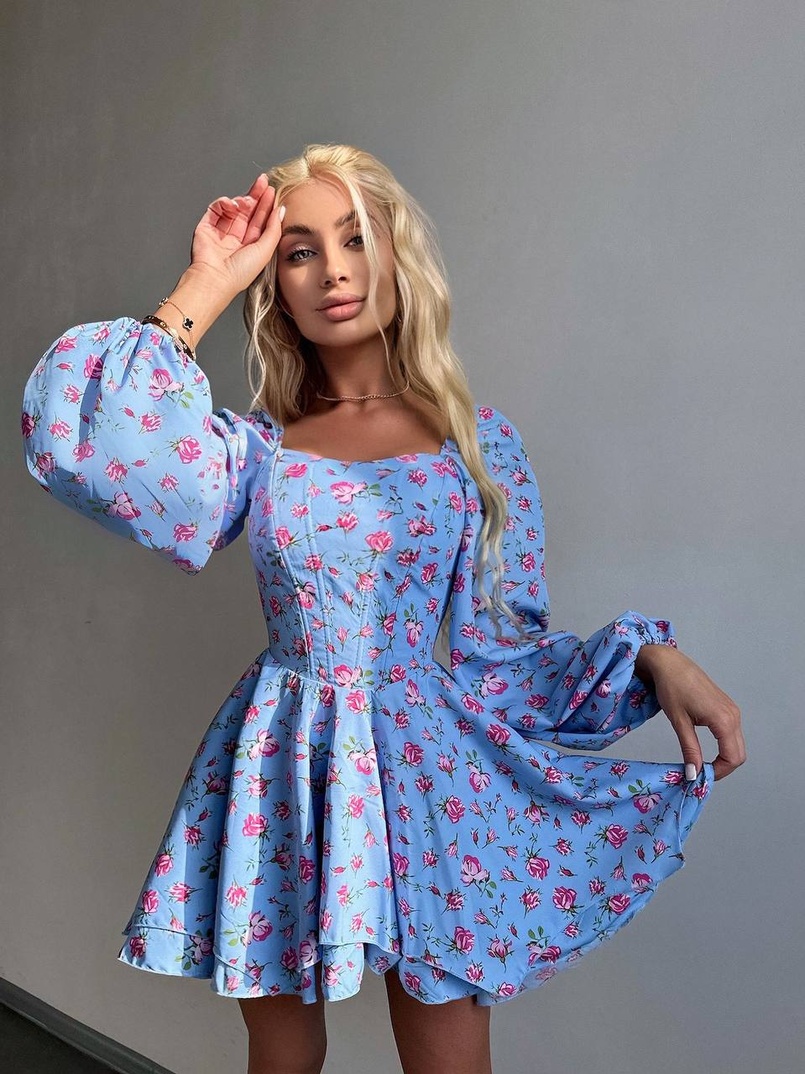 Сукня міні з квітковим принтом, корсетним верхом та подвійною спідницею  Сукня міні з квітковим принтом, корсетним верхом та подвійною спідницею  | PUSHKA SHOP