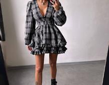 Сукня з подвійною спідницею та обʼємними рукавами у клітинку  Сукня з подвійною спідницею та обʼємними рукавами у клітинку  | PUSHKA SHOP