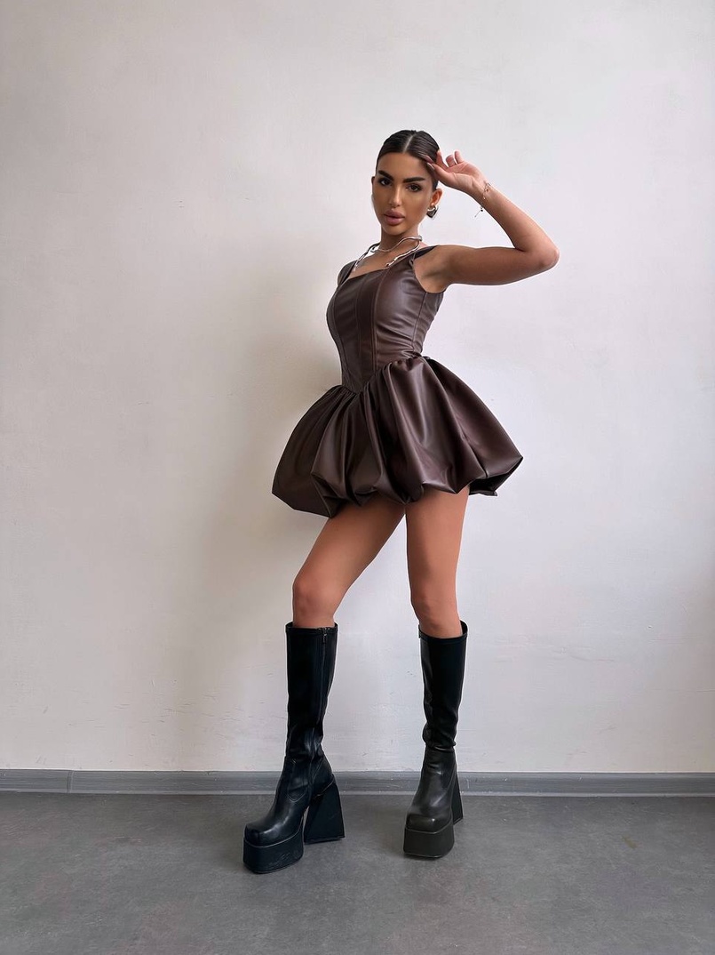 Корсетна сукня з еко-шкіри зі спідницею-балоном | PUSHKA SHOP