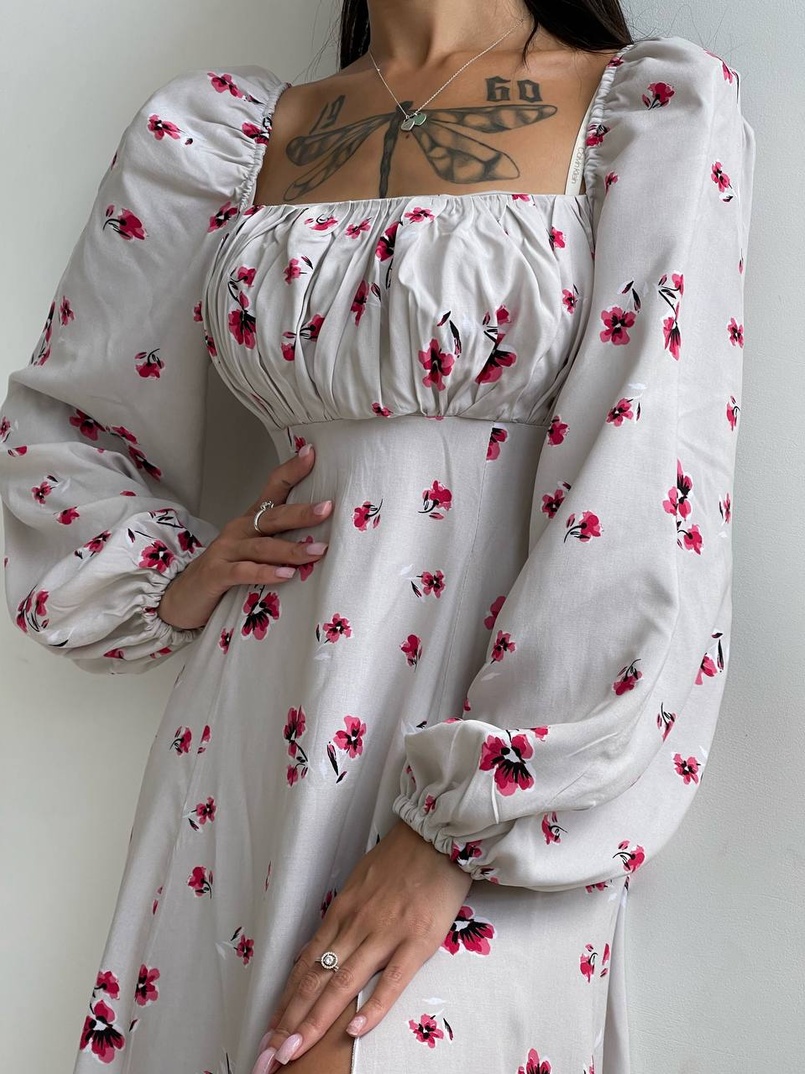 Сукня міді з розрізом в квітковий принт + прозорий корсет  | PUSHKA SHOP