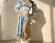 Сукня міді з розрізом в квітковий принт + прозорий корсет  Сукня міді з розрізом в квітковий принт + прозорий корсет  | PUSHKA SHOP