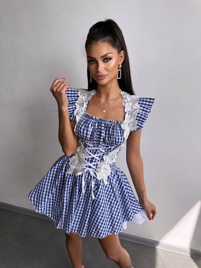 Сукня в клітинку декорована мереживом  Сукня в клітинку декорована мереживом  | PUSHKA SHOP