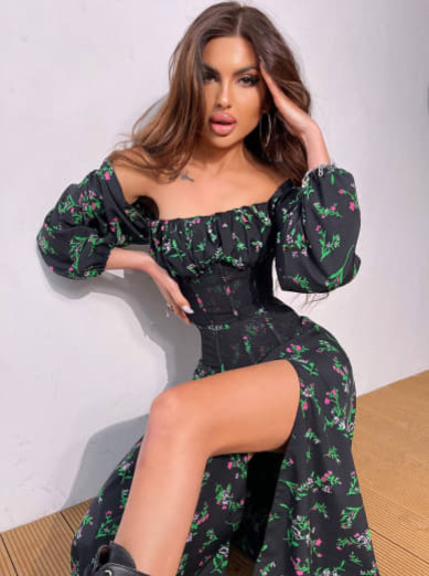 Сукня міді з розрізом в квітковий принт + прозорий корсет  Сукня міді з розрізом в квітковий принт + прозорий корсет  | PUSHKA SHOP