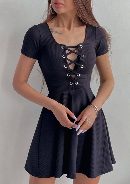 Трикотажное платье-мини со шнуровкой на груди  | PUSHKA SHOP