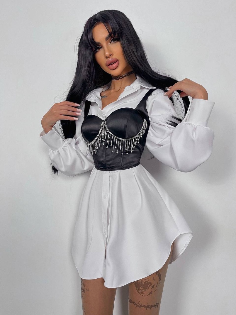 Приталена сорочка + корсет декорований бахромою зі страз Ручна робота Приталена сорочка + корсет декорований бахромою зі страз Ручна робота | PUSHKA SHOP