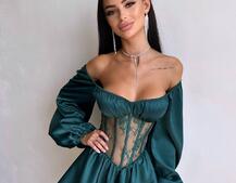 Атласна сукня з обʼємними рукавами та мереживом | PUSHKA SHOP