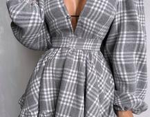 Сукня з подвійною спідницею та обʼємними рукавами у клітинку  Сукня з подвійною спідницею та обʼємними рукавами у клітинку  | PUSHKA SHOP