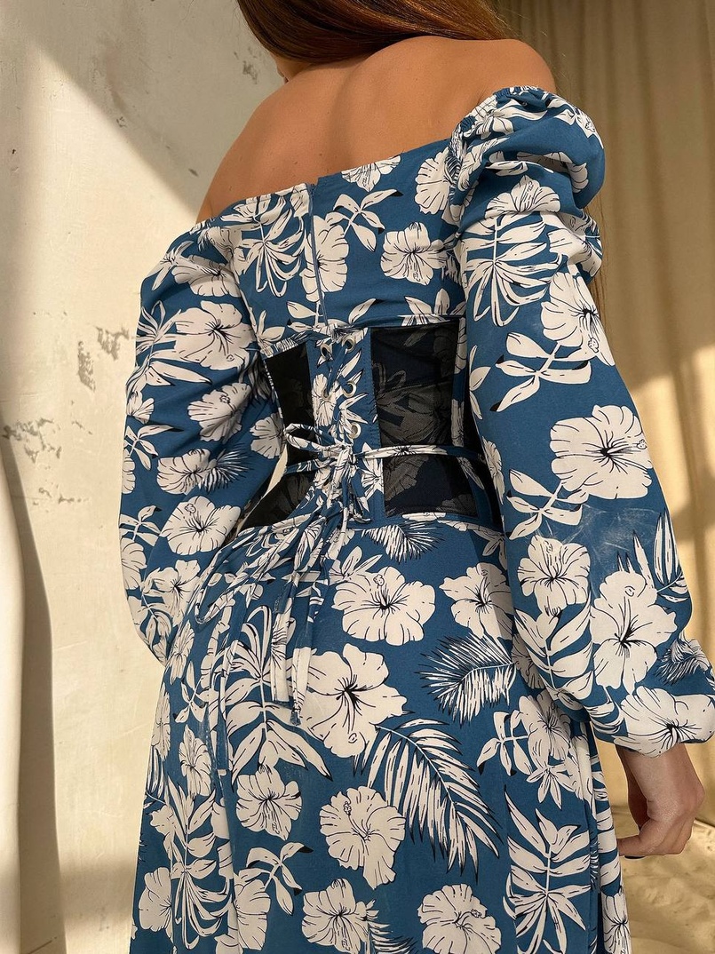 Сукня міді з розрізом в квітковий принт + прозорий корсет  Сукня міді з розрізом в квітковий принт + прозорий корсет  | PUSHKA SHOP