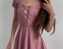 Трикотажное платье-мини со шнуровкой на груди  Трикотажное платье-мини со шнуровкой на груди  | PUSHKA SHOP