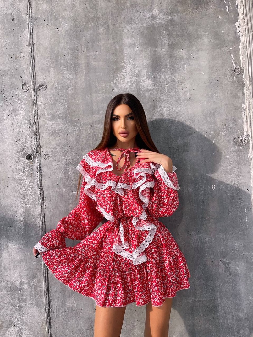 Сукня з квітковим принтом декорована мереживом    Сукня з квітковим принтом декорована мереживом    | PUSHKA SHOP