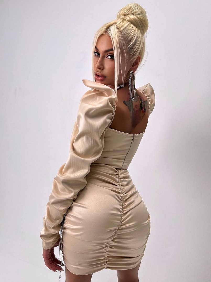 Сукня міні з драпіруванням, декорована стразами  | PUSHKA SHOP