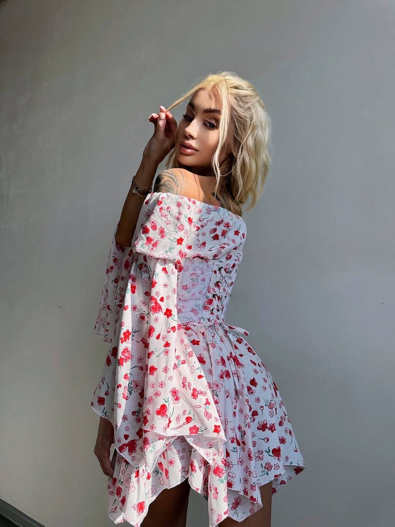 Сукня з асиметричною спідницею та розкльошеними рукавами + корсет  Сукня з асиметричною спідницею та розкльошеними рукавами + корсет  | PUSHKA SHOP